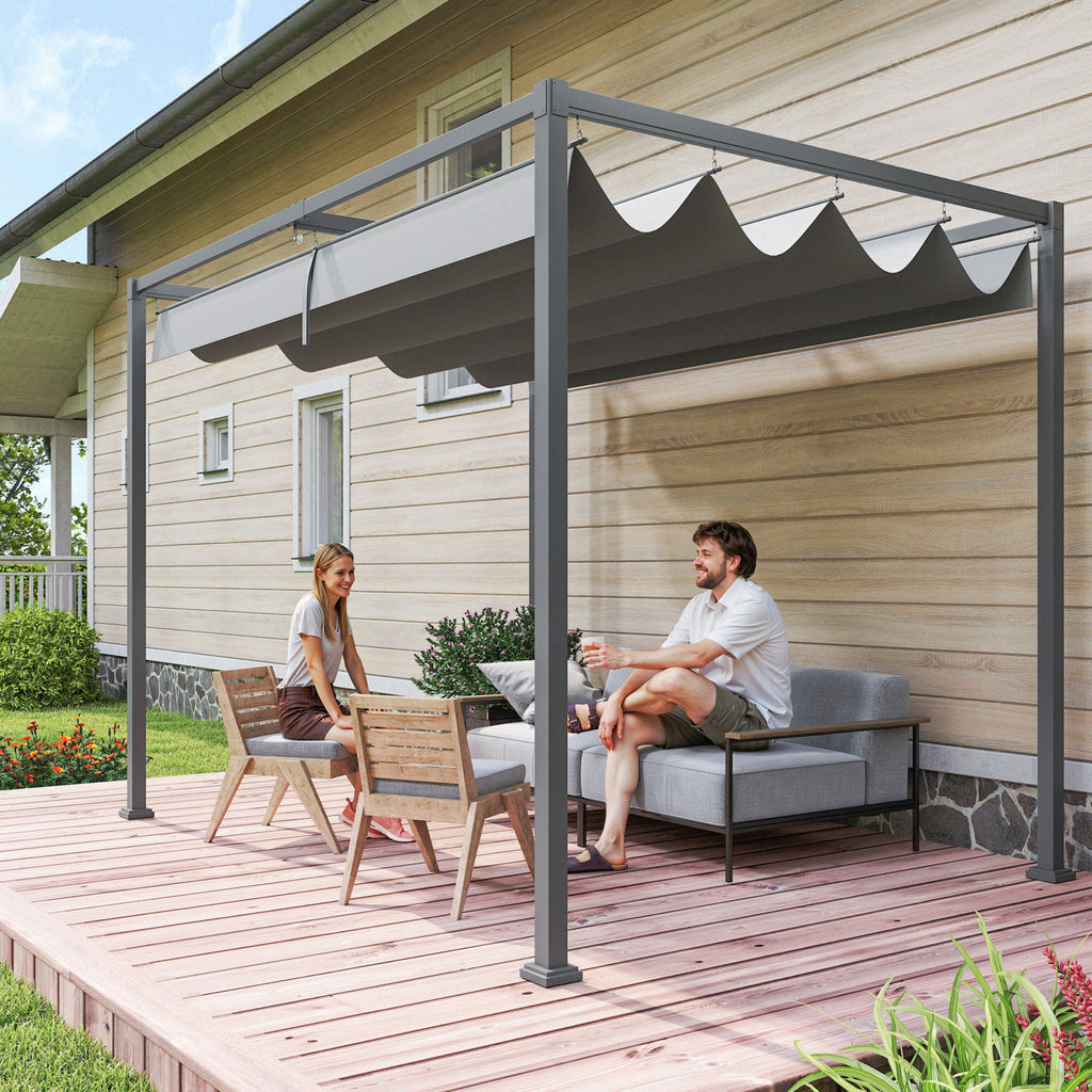Pergola grise sur terrasse en bois, coin détente