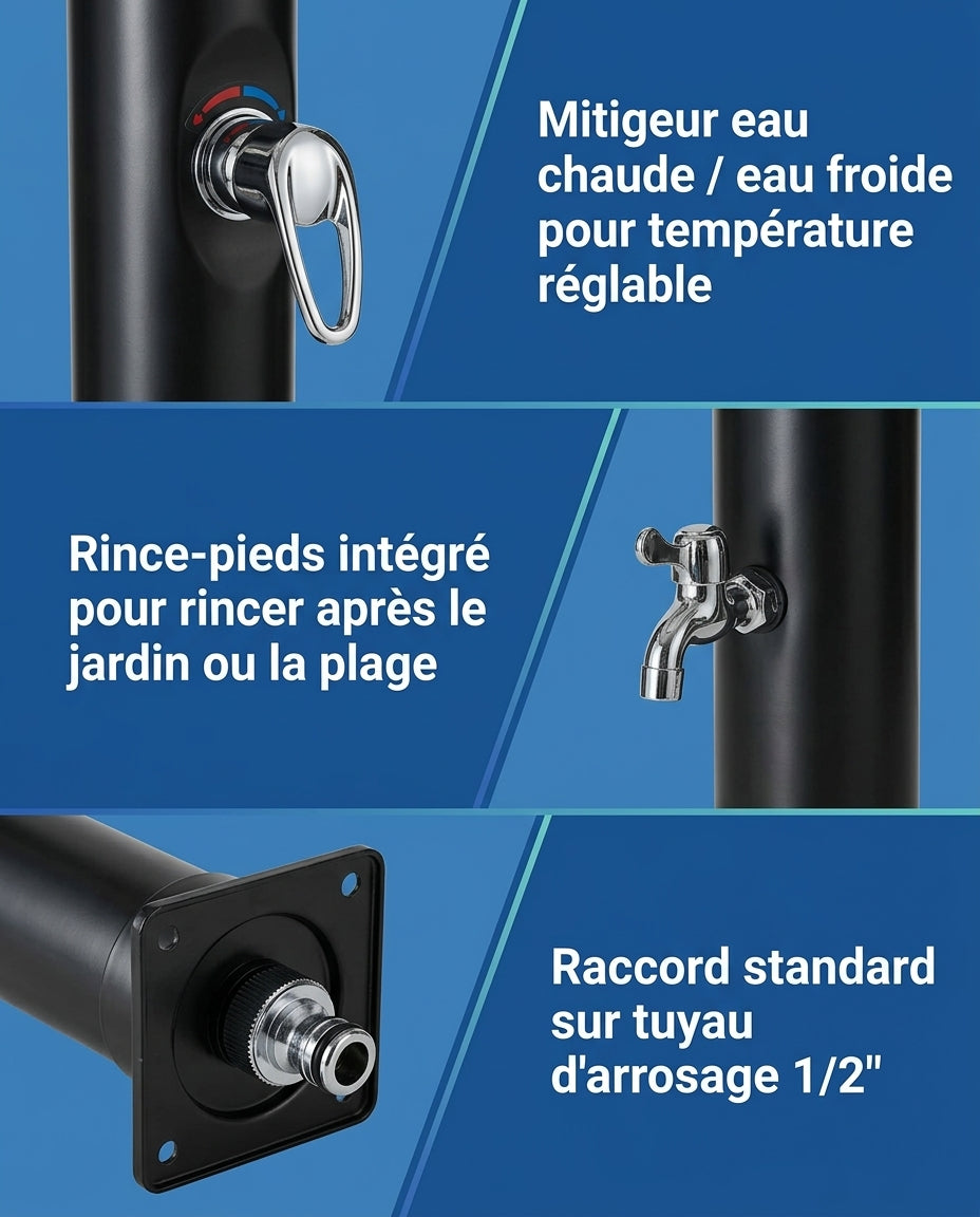 Solarias Douche Solaire 20L – Mitigeur, Rince-pieds, Pour Jardin & Camping — 05 features 3panels