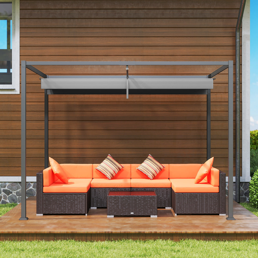 Pergola grise avec salon et coussins orange