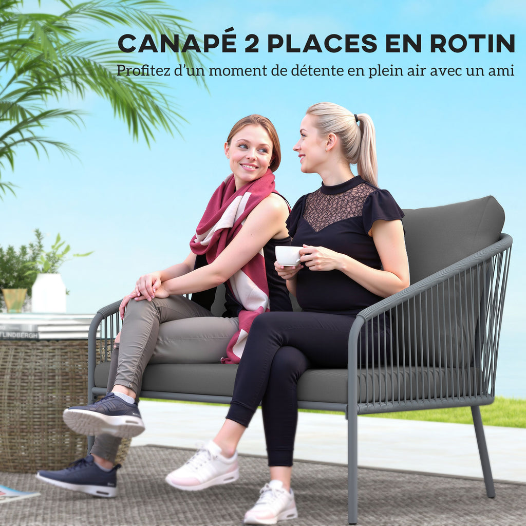 Solarias Canapé de jardin 2 places en résine tressée avec coussins canapé d'extérieur accoudoirs cadre en acier 112x72x76cm 