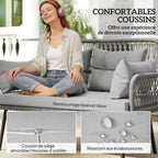 Solarias Canapé de jardin avec coussins et oreillers 2 places en résine tressée, canapé d'extérieur avec accoudoirs gris fon