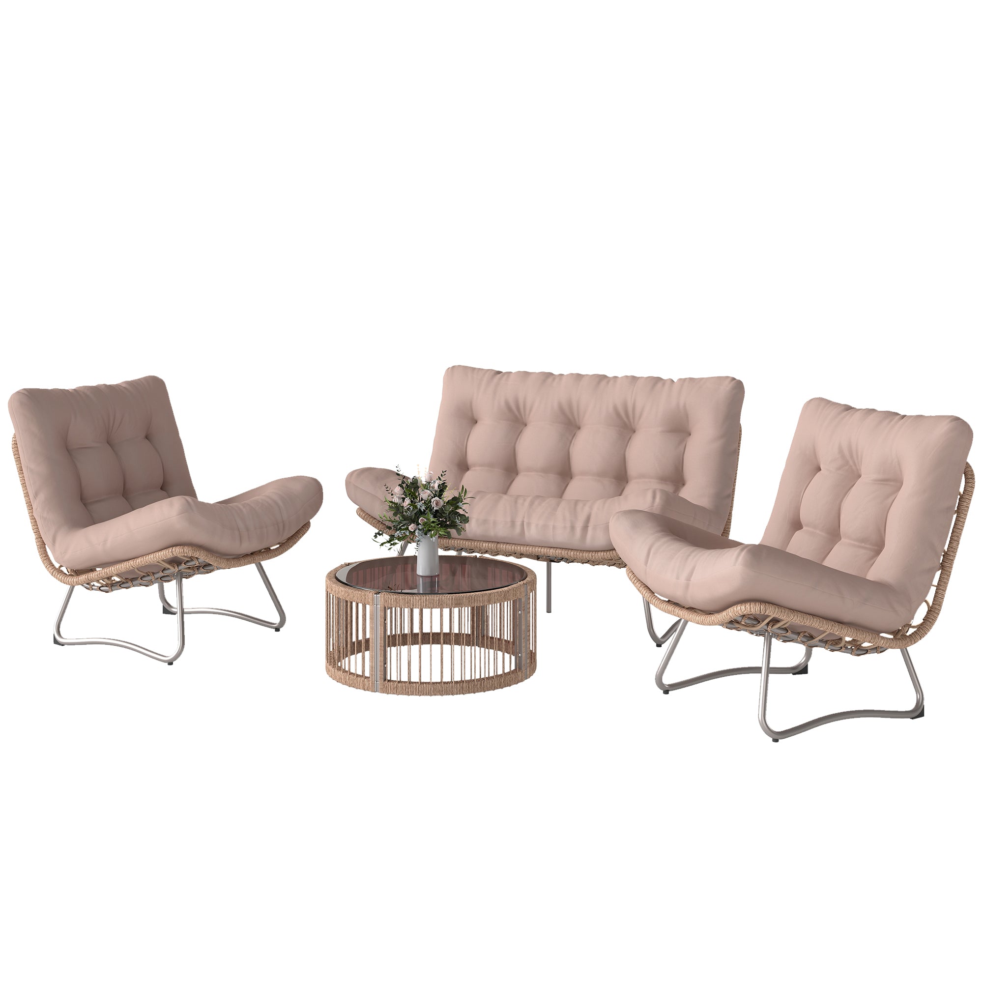 Solarias Ensemble de jardin 4 pièces Salon en polyrotin avec canapé 2 places 2 fauteuils Table en verre Assise large & profo