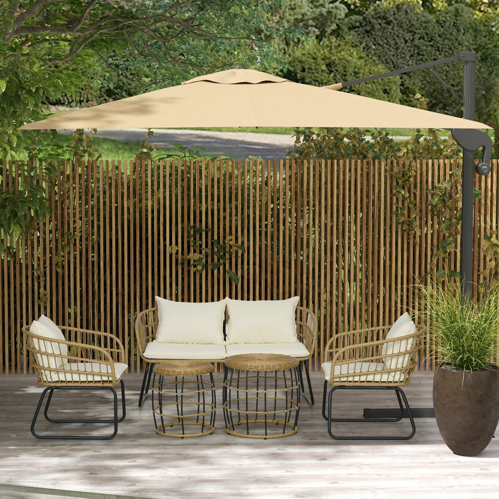 Solarias Ensemble salon de jardin meubles d'extérieur 4 places 2 fauteuils 1 canapé 2 places et 2 tables basses coussins inc