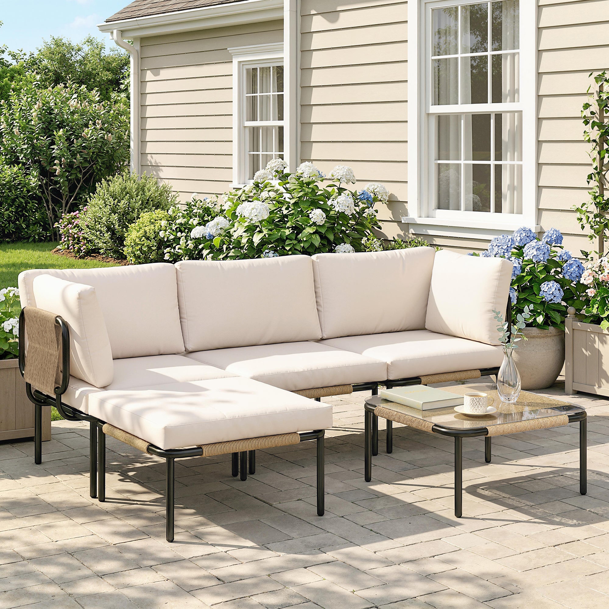 Solarias Ensemble lounge en Polyrattan 5 pièces avec 3 fauteuils, table en verre, repose-pieds, assise large & profonde, cou