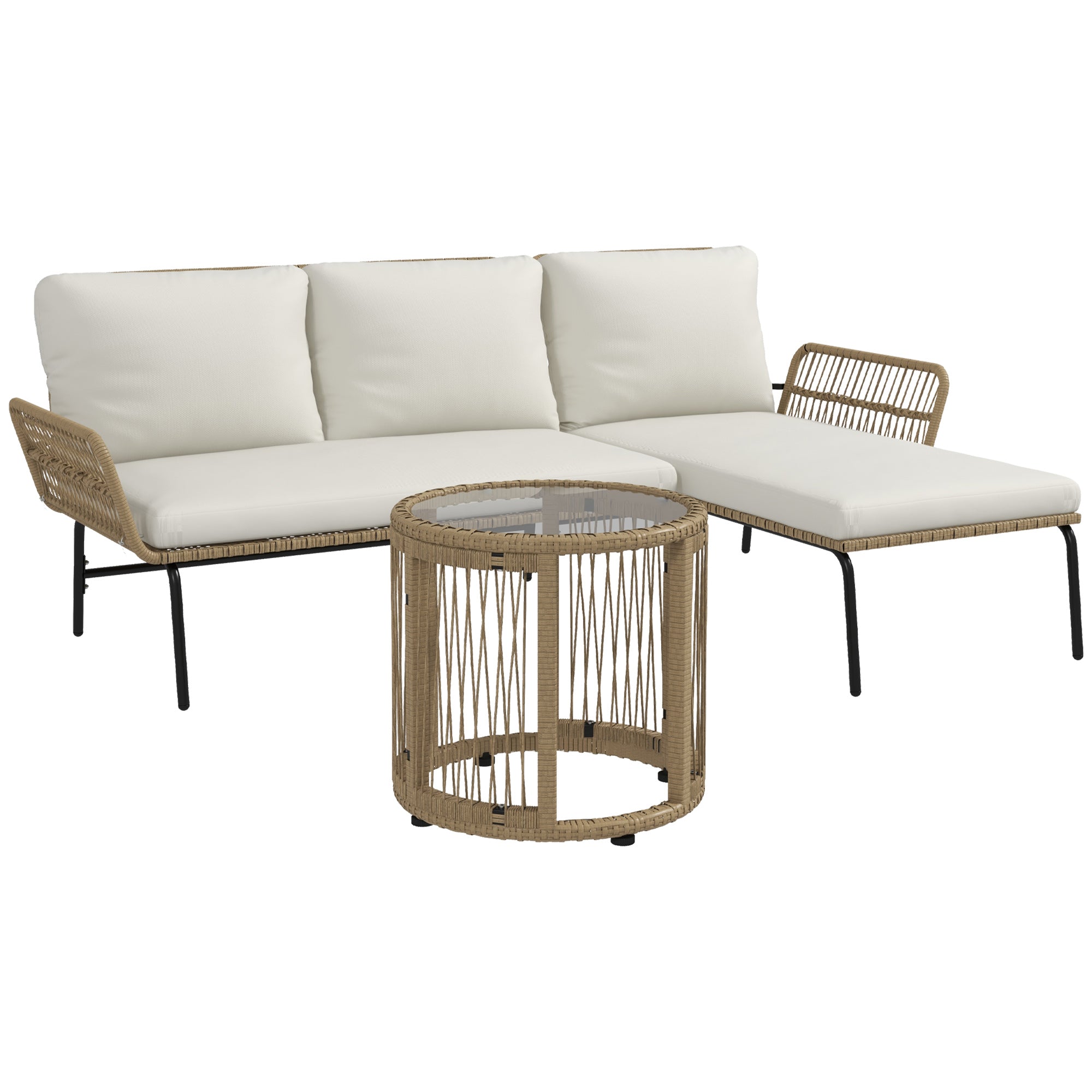 Solarias Salon de jardin extérieur d'angle 3 places en résine tressée avec canapés, chaise longue, table basse et coussins, 