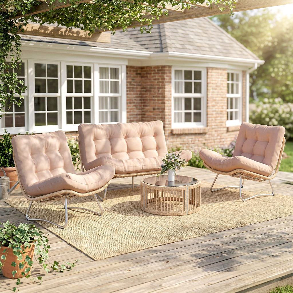 Solarias Ensemble de jardin 4 pièces Salon en polyrotin avec canapé 2 places 2 fauteuils Table en verre Assise large & profo