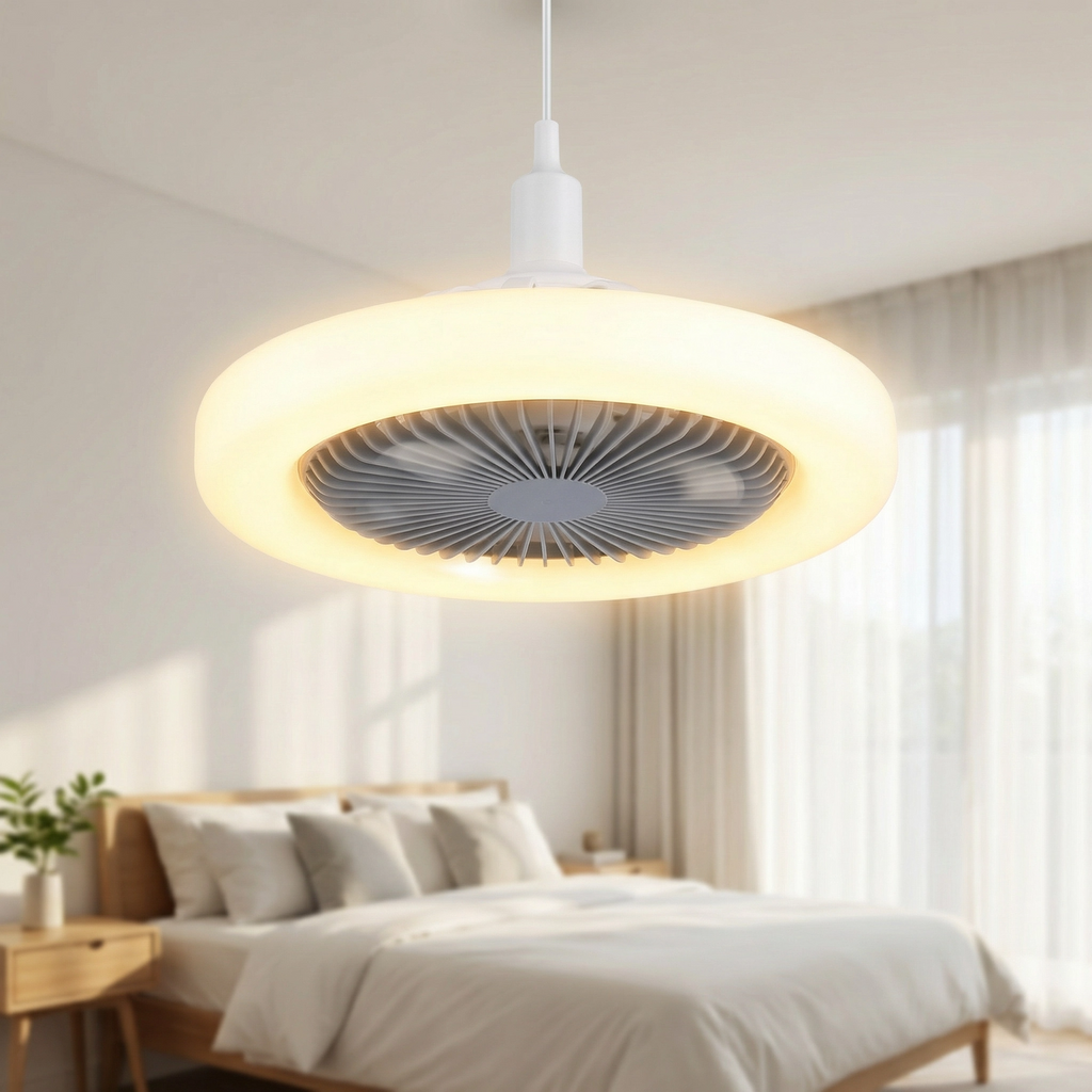Compact LED Ceiling Fan with Light & Remote – Quiet E27 Fixture