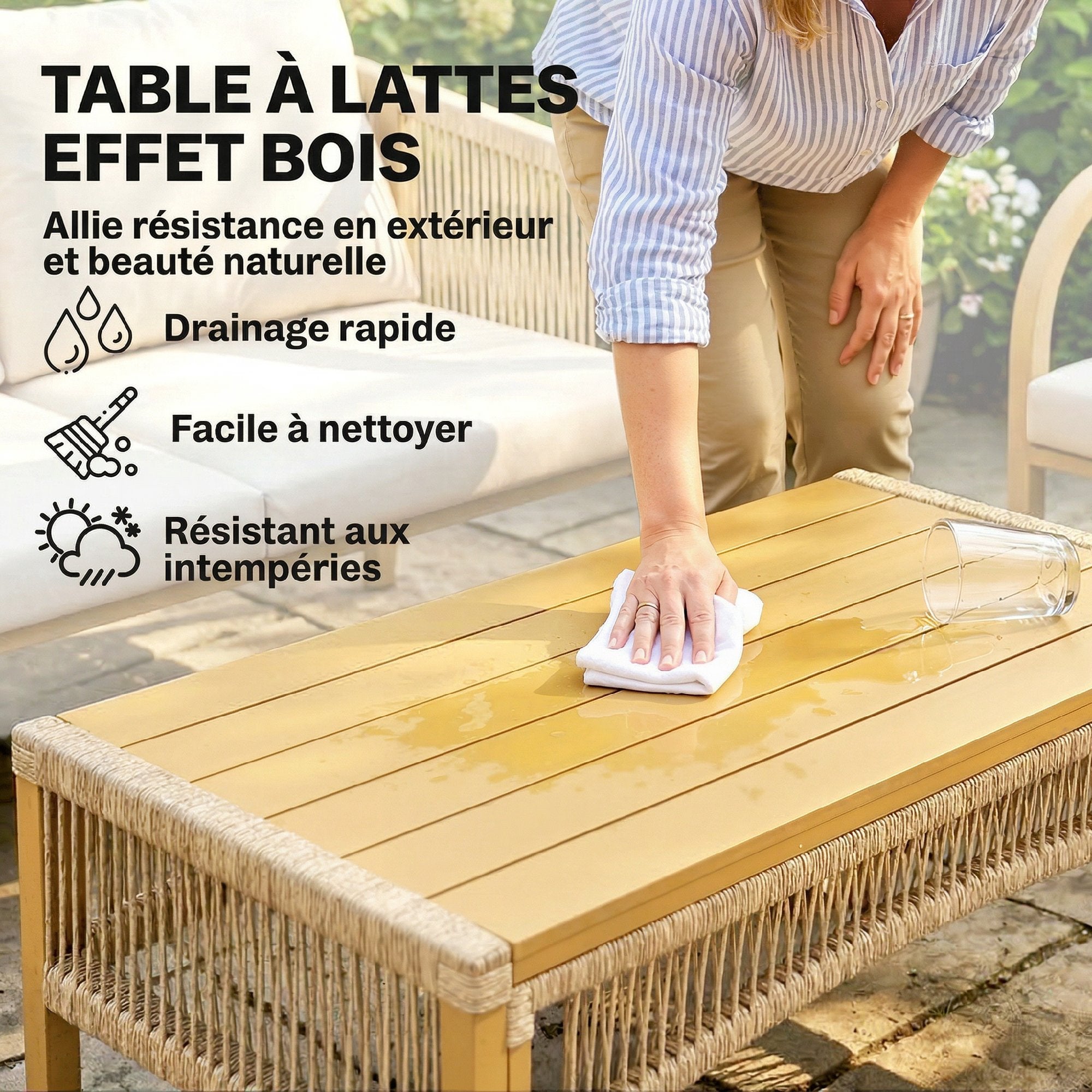 Solarias Salon de Jardin Extérieur 4 Pièces avec Canapé 2 Fauteuils Table Coussins, Acier Résine Tressée, 120x72x73cm, Kaki