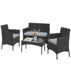 Solarias Salon de jardin extérieur 4 personnes en résine tressée avec canapés et table basse en verre trempé coussins inclus