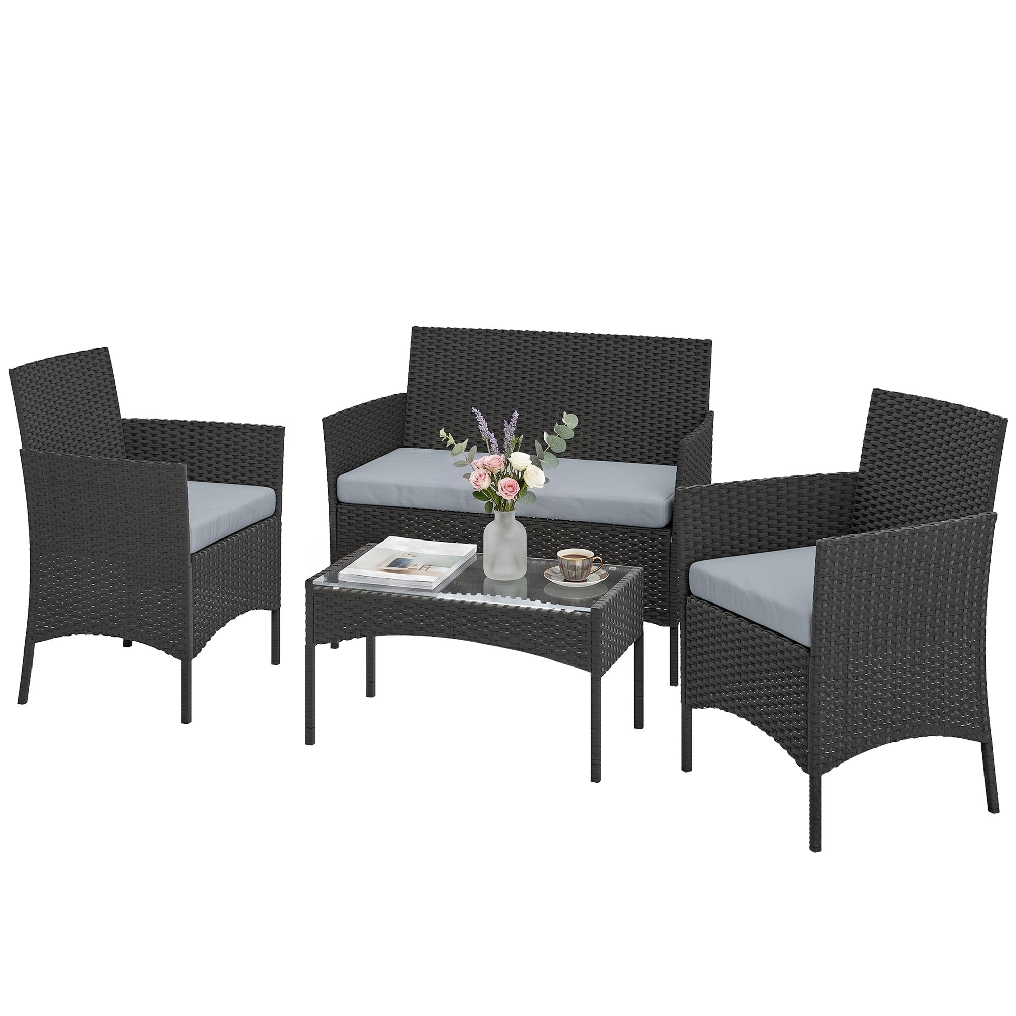Solarias Salon de jardin extérieur 4 personnes en résine tressée avec canapés et table basse en verre trempé coussins inclus