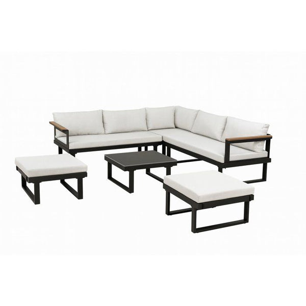 Solarias Salon de jardin d'angle 7 places - Aluminium - ALMARA - Canapé d'angle + 2 tabourets + table - Ecru