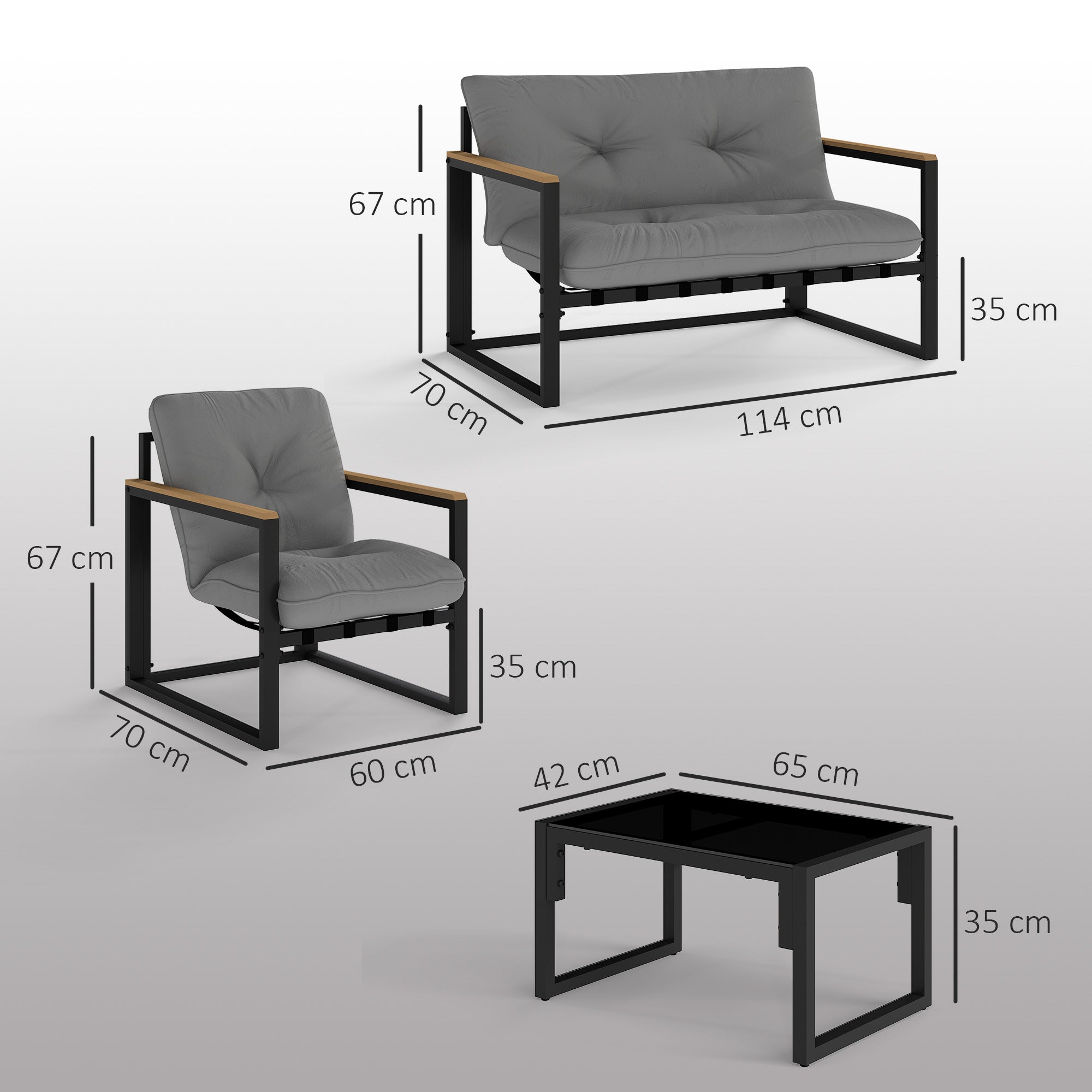 Solarias Salon de jardin extérieur 4 personnes avec canapé, 2 fauteuils et table basse en verre trempé, coussins inclus, gri
