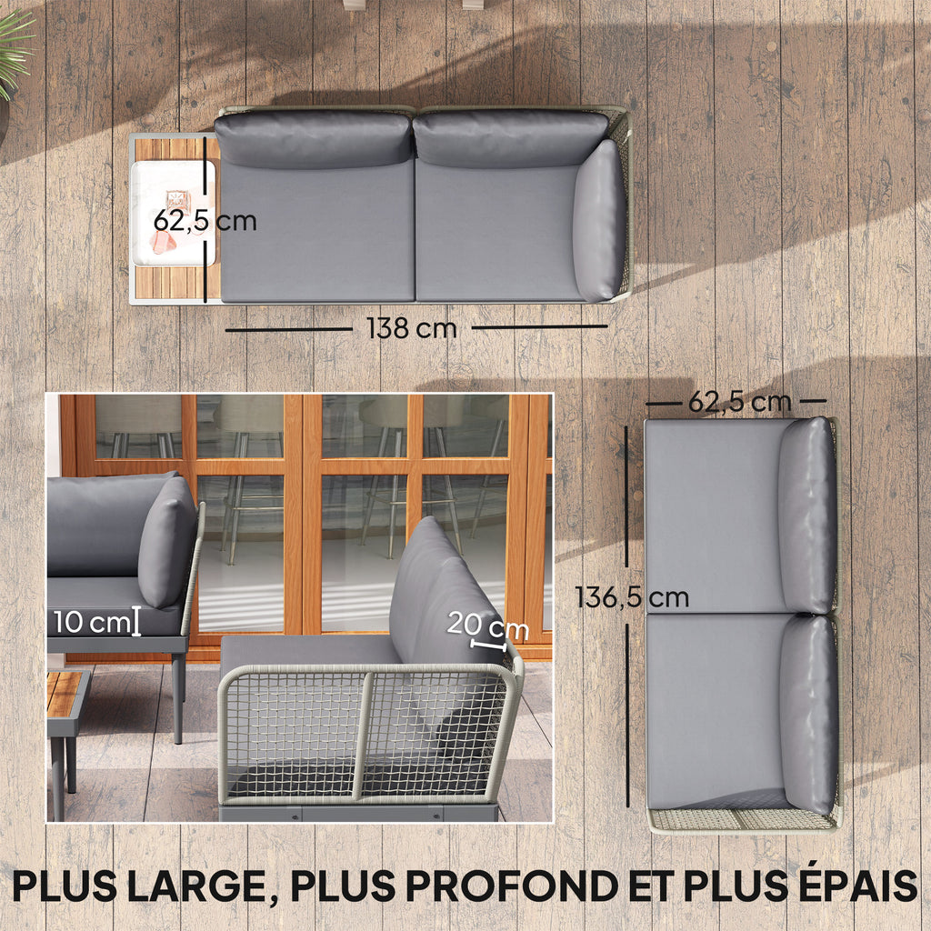Solarias Salon de jardin extérieur 4 places modulable en bois d'acacia, canapé d'angle extérieur avec table basse et coussin