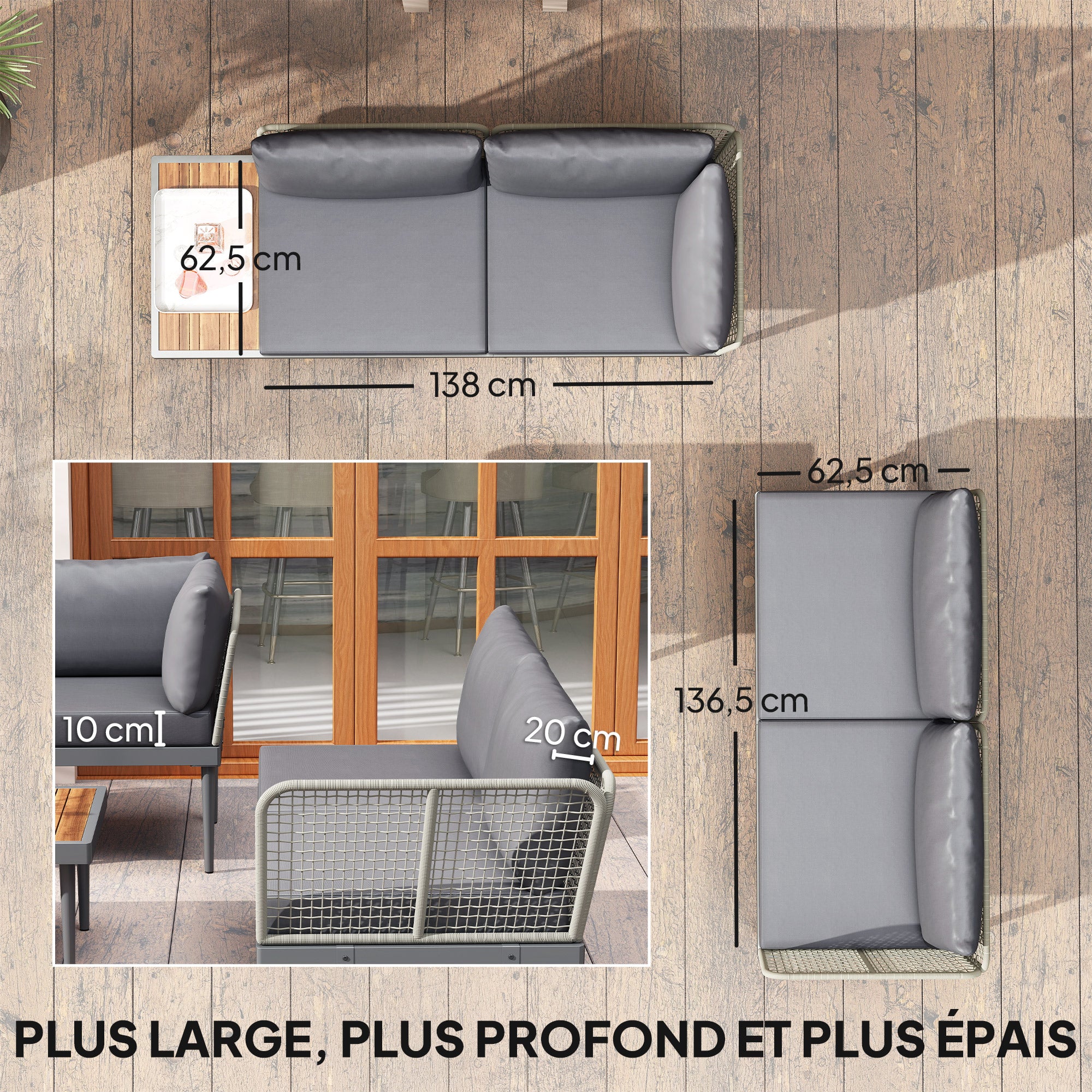 Solarias Salon de jardin extérieur 4 places modulable en bois d'acacia, canapé d'angle extérieur avec table basse et coussin