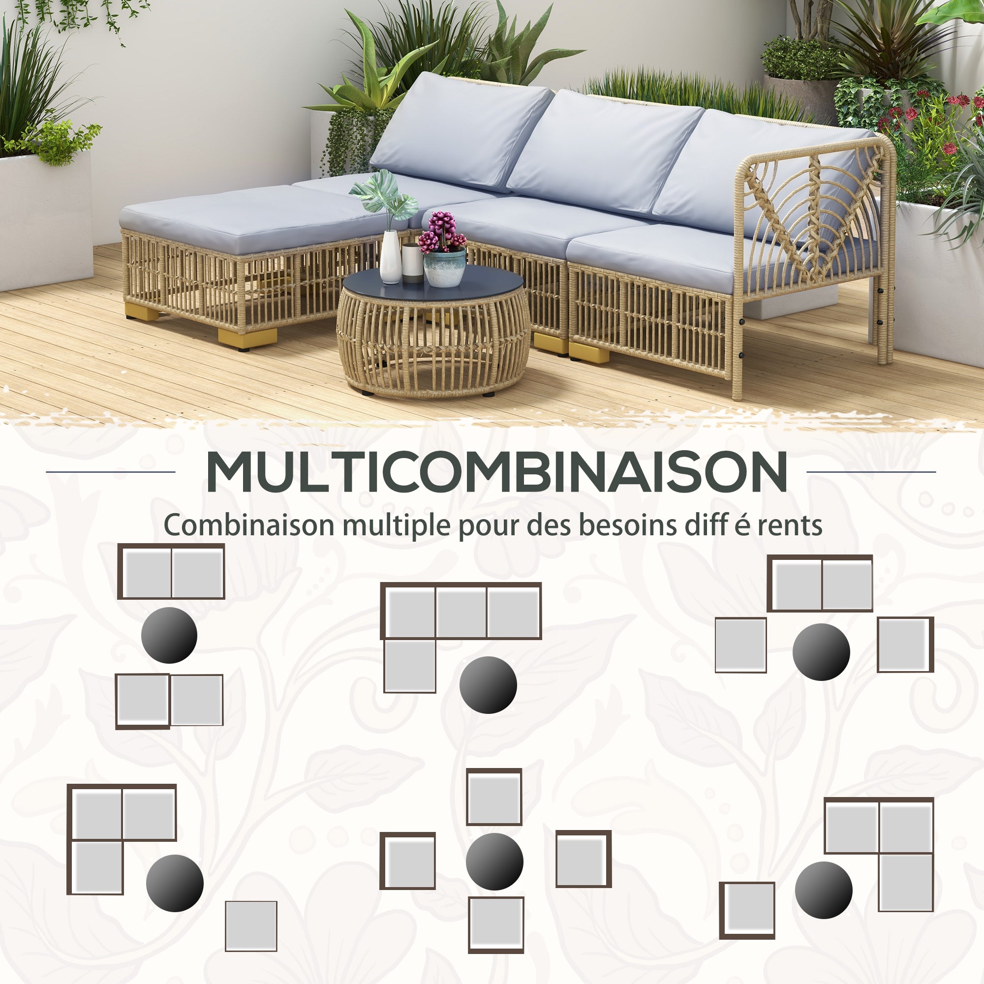Solarias Ensemble 5 pièces salon de jardin bas modulables pour 4 personnes en résine tressée aspect rotin