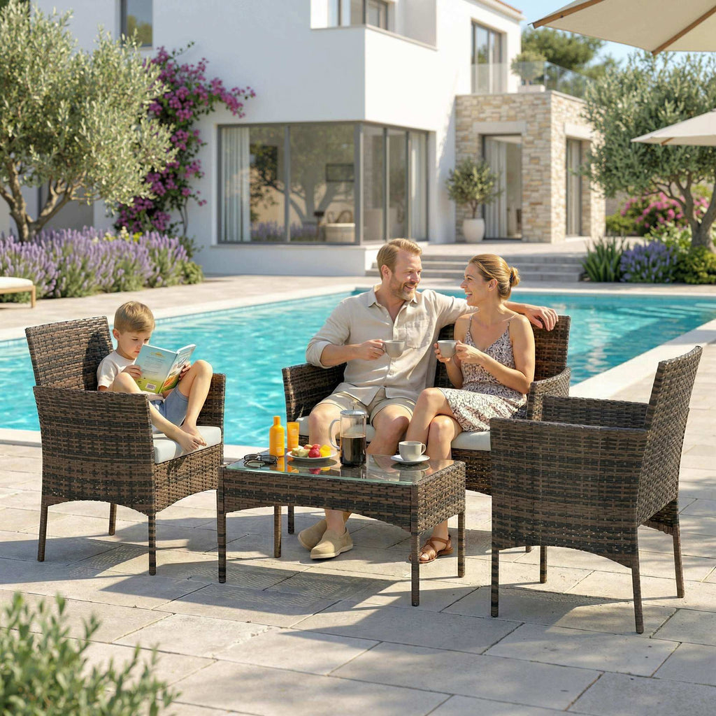 Solarias Salon de jardin extérieur 4 personnes en résine tressée avec canapés et table basse en verre trempé coussins inclus