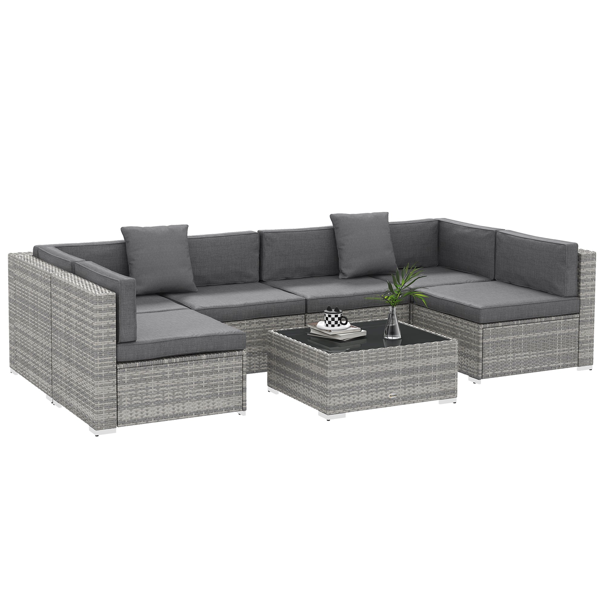 Solarias Ensemble salon de jardin 7 pièces modulables table basse plateau verre trempé coussins déhoussables inclus gris