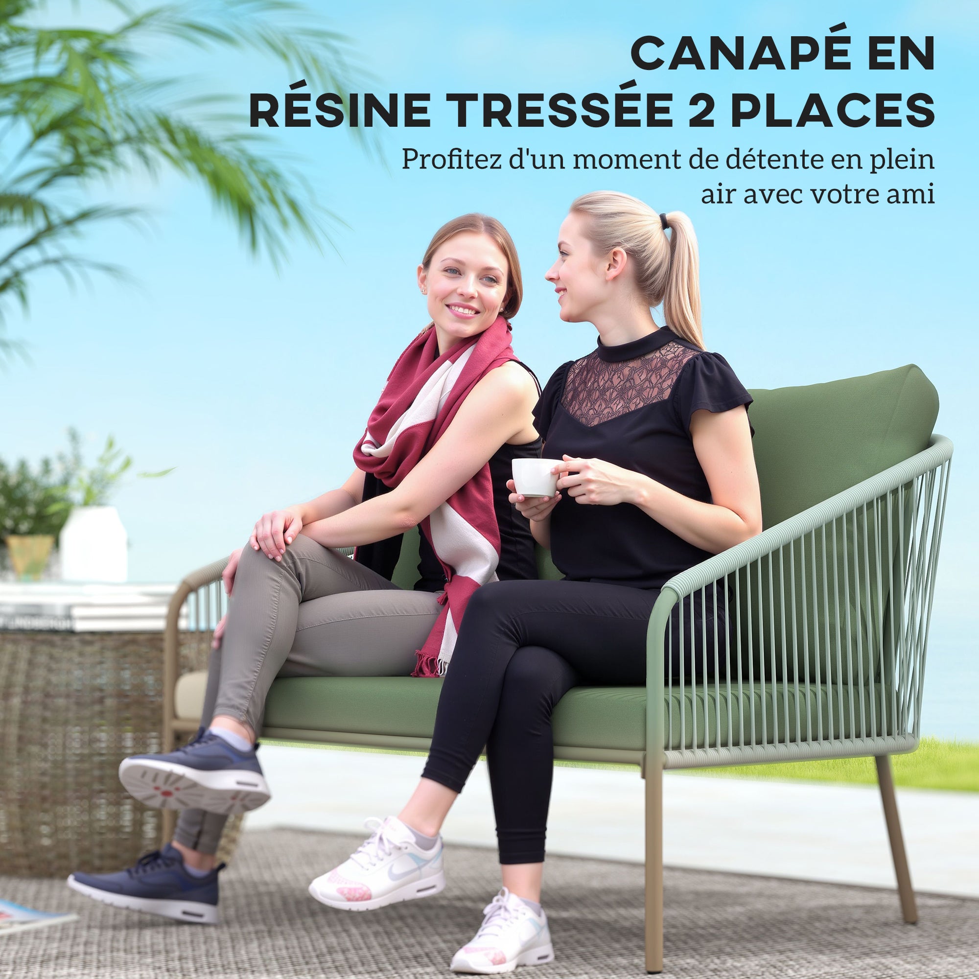 Solarias Canapé de jardin 2 places en résine tressée avec coussins canapé d'extérieur accoudoirs cadre en acier 112x72x76cm 