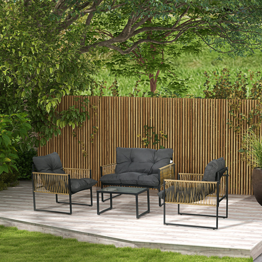 Solarias Ensemble salon de jardin 4 pièces canapé 2 places 2 fauteuils et 1 table basse plateau verre trempé 3 coussins - gr