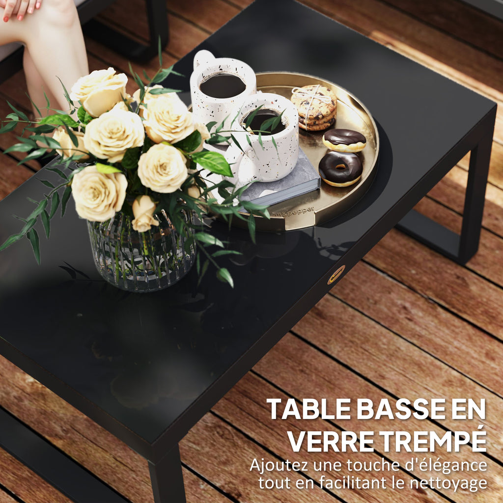 Solarias Salon de jardin extérieur 3 pièces en L avec canapés et table basse en verre, assise réglable 5 positions, gris