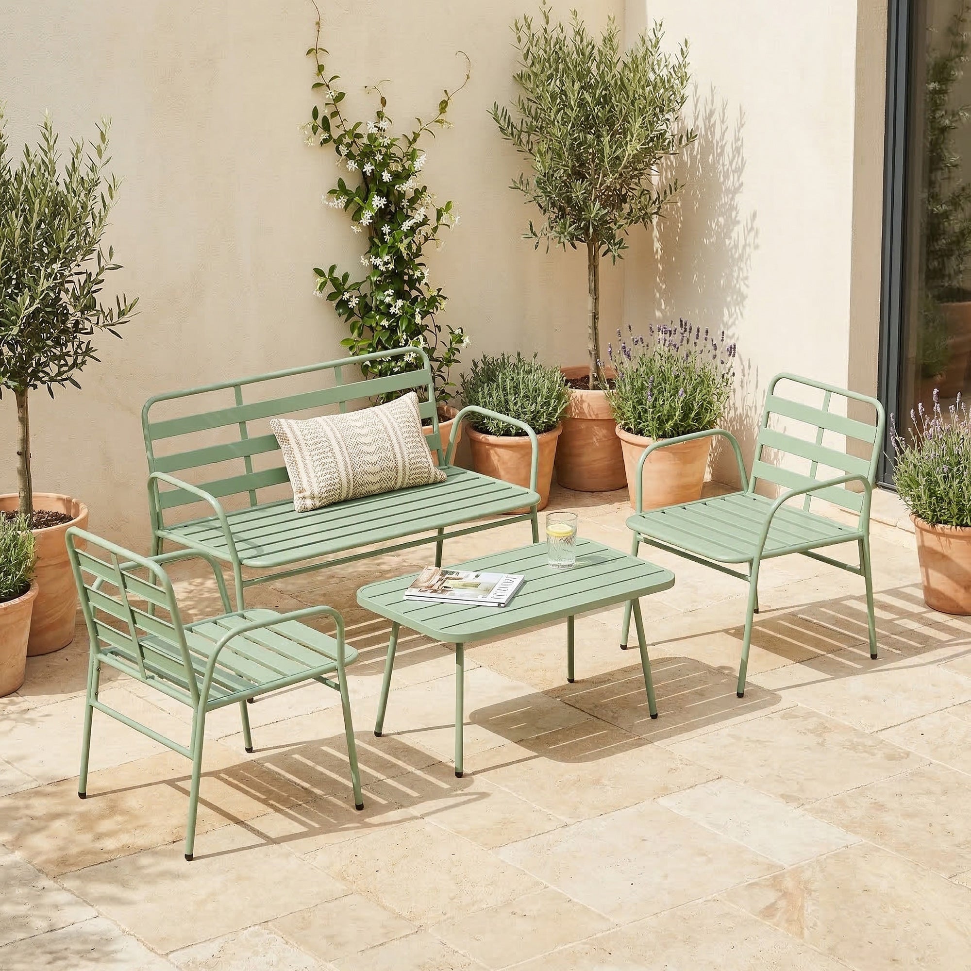 Solarias Salon de Jardin Extérieur en Acier 4 Pièces, Canapé 2 Places, 2 Fauteuils, Table Basse, à Lattes, 112x60x75cm, Vert