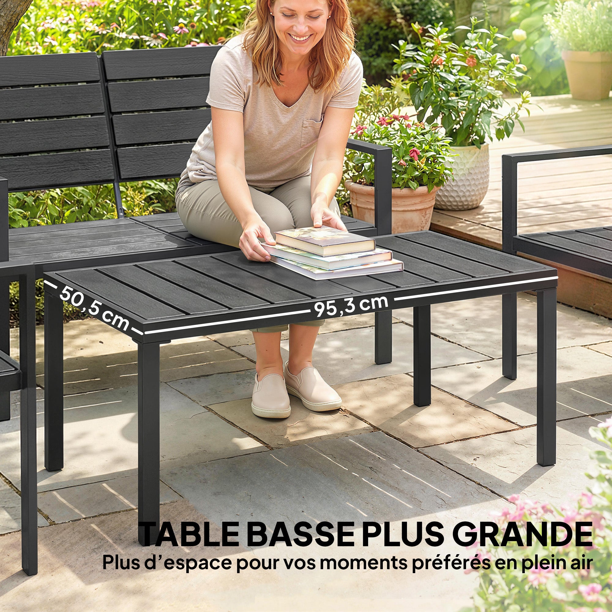 Solarias Salon de jardin extérieur 4 pièces canapé 2 places, 2 chaises et table basse, mobilier de jardin terrasse veranda, 