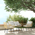 Solarias Ensemble salon de jardin 4 pièces canapé 2 places 2 fauteuils avec 7 coussins 1 table basse ronde, résine tressée