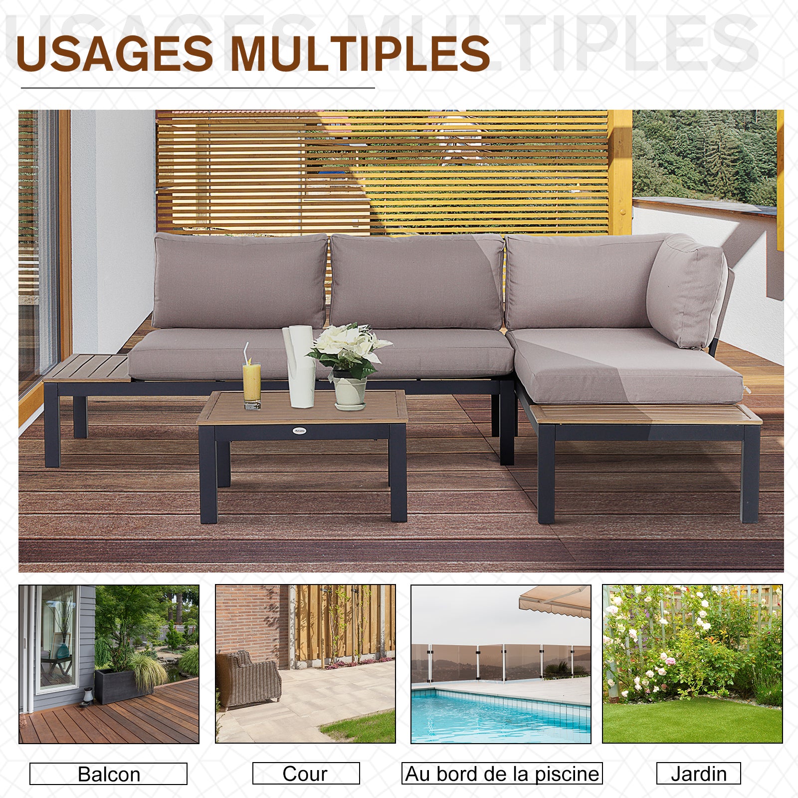 Solarias Ensemble Salon de Jardin d'angle Design Contemporain 5 Places Coussins Marron Table Basse alu. Noir et Imitation Bo