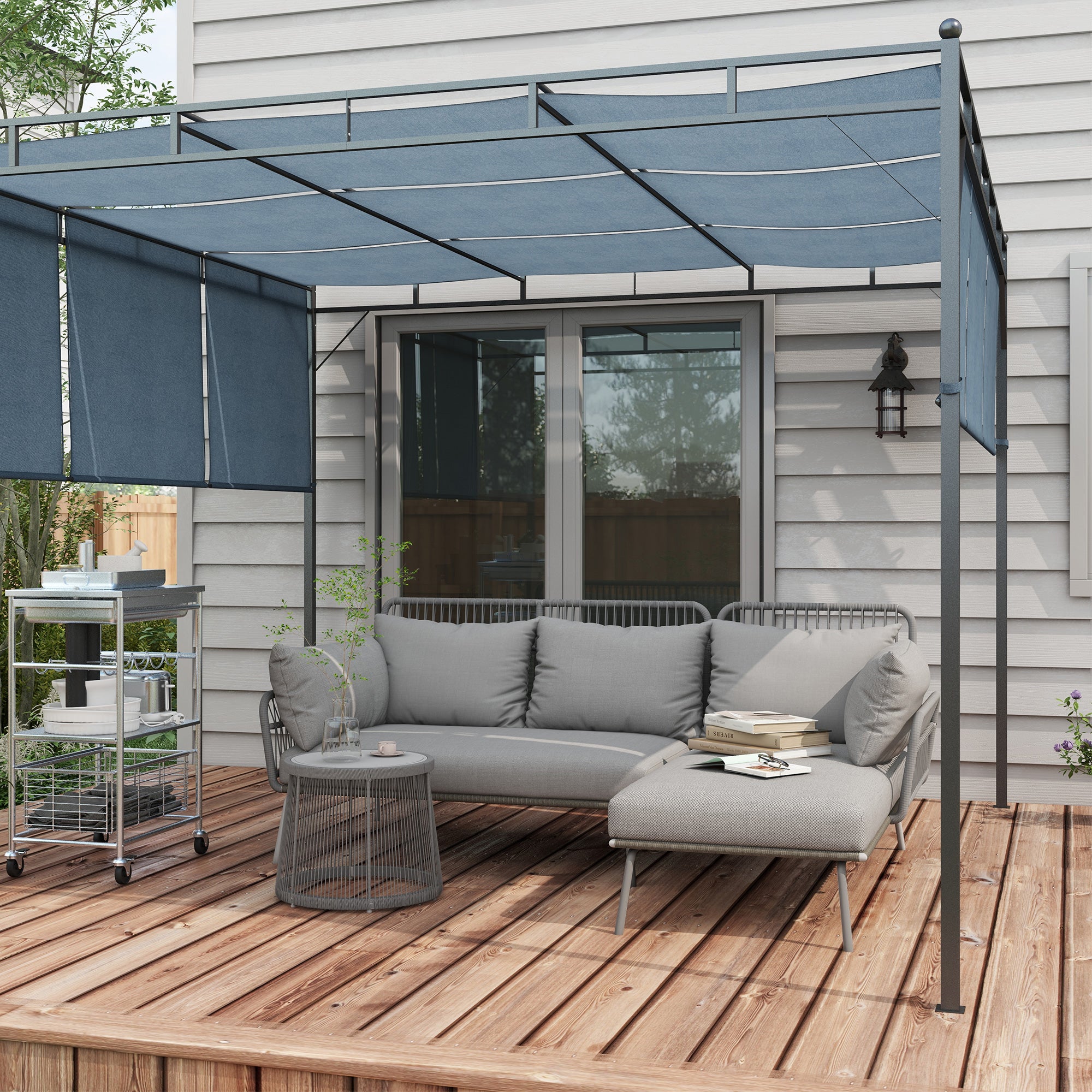 Solarias Salon de jardin d'angle 4 pers. style colonial table basse coussins grand confort inclus résine tressée gris