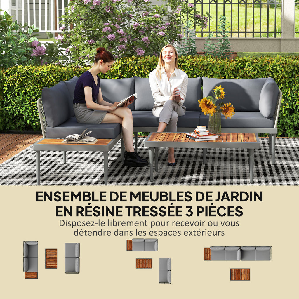 Solarias Salon de jardin extérieur 4 places modulable en bois d'acacia, canapé d'angle extérieur avec table basse et coussin