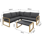 Solarias Salon de jardin d'angle - Aluminium effet bois - PUERTOCOR - 5 personnes + table basse