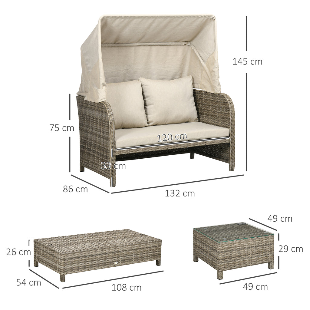 Solarias Ensemble salon de jardin 4 pièces canapé 2 places + 1 repose-pieds + 2 table basse avec coussins beige marron