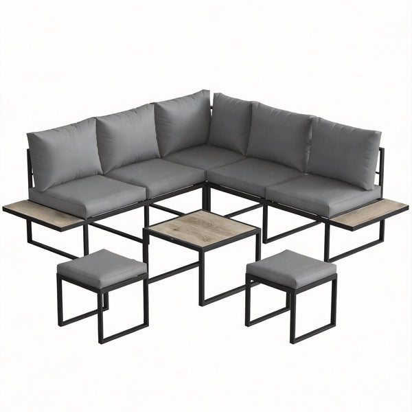 Solarias Salon de jardin extérieur 6 personnes modulable table basse et plateaux latéraux en bois PSPC coussins épais 10