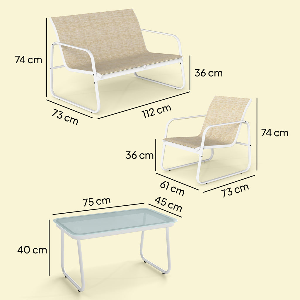 Solarias Salon de Jardin 4 Pièces avec Canapé 2 Places, 2 Fauteuils et Table, en Acier Textilène Verre Trempé, 112x73x74 cm,