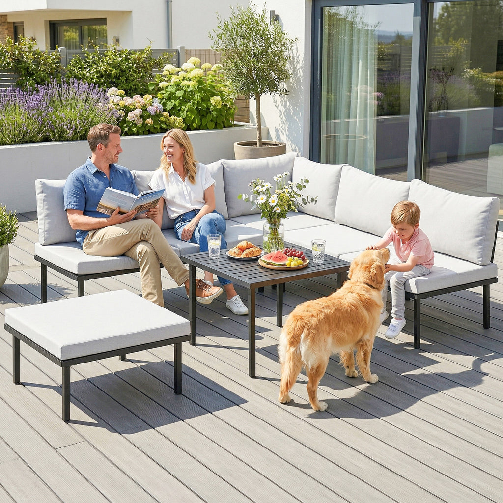 Solarias Ensemble lounge de jardin 5-6 personnes Set lounge avec canapé 2 places, 2 chaises, fauteuil d'angle, table à lames