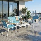 Solarias Ensemble jardin 4 places Canapé, Fauteuils, Table en métal, Bleu.