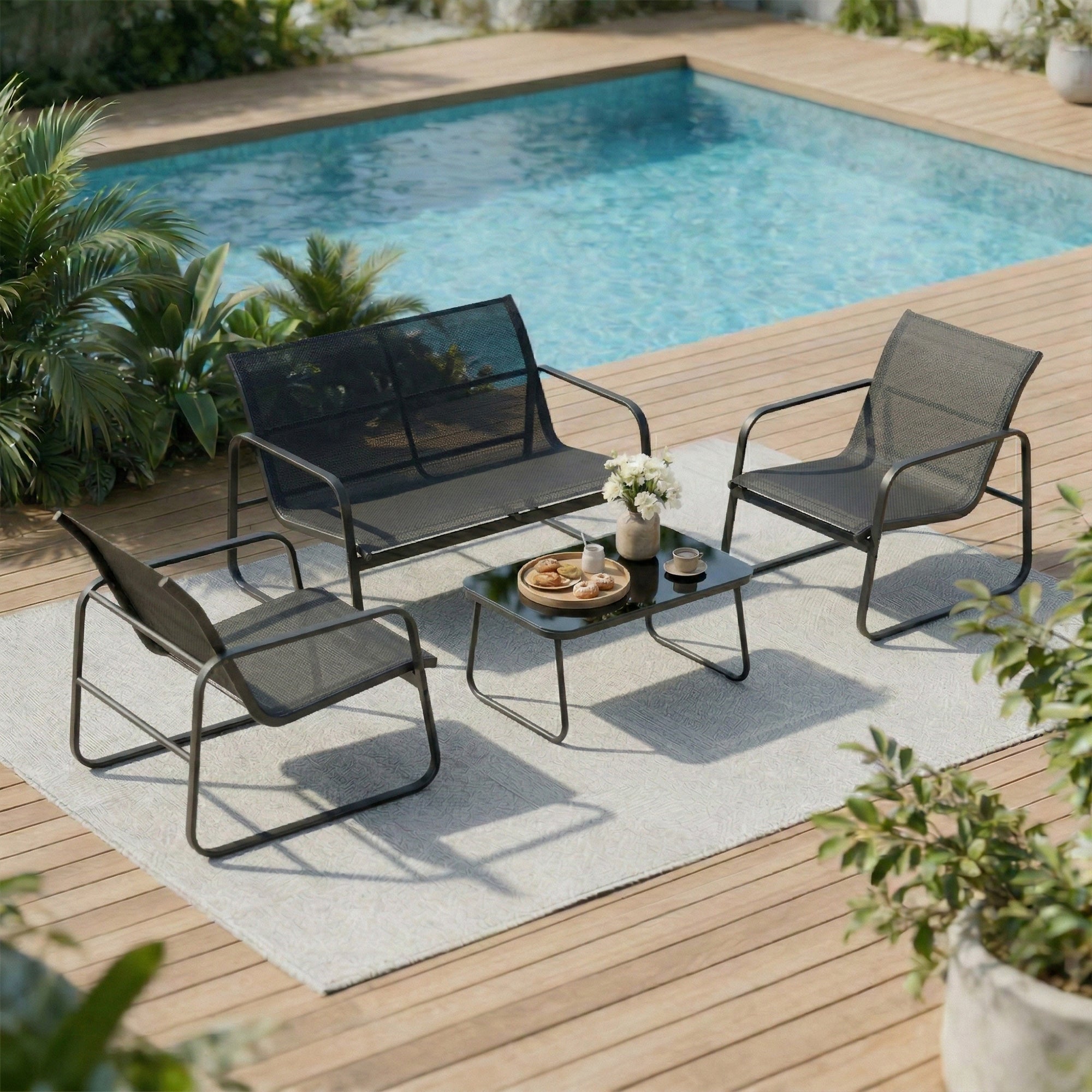 Solarias Salon de jardin 4 pièces avec canapé, fauteuils et table basse, gris foncé et noir