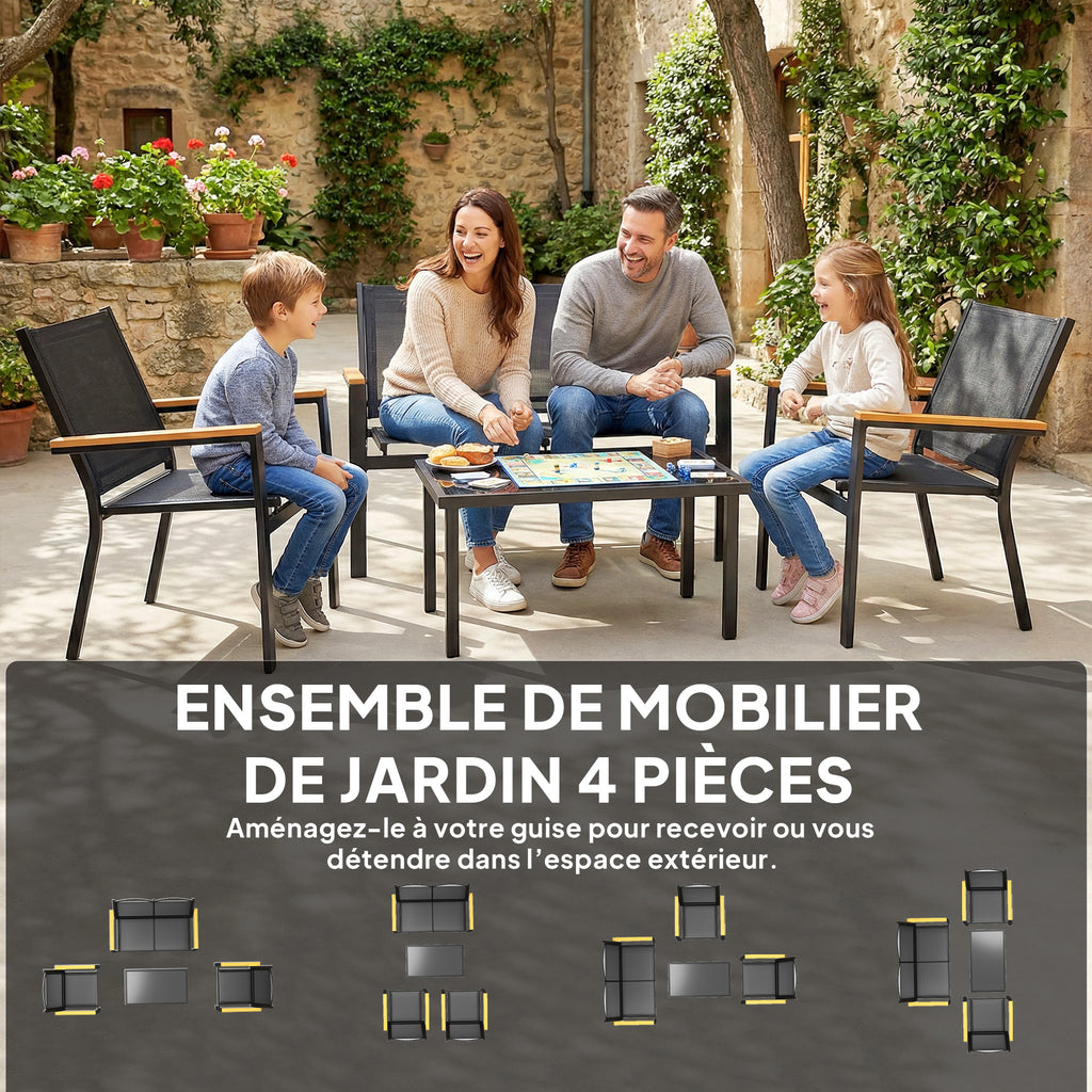 Solarias Salon de jardin extérieur 4 pièces avec canapé 2 places, 2 chaises et table basse en verre trempé, noir