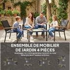 Solarias Salon de jardin extérieur 4 pièces avec canapé 2 places, 2 chaises et table basse en verre trempé, noir