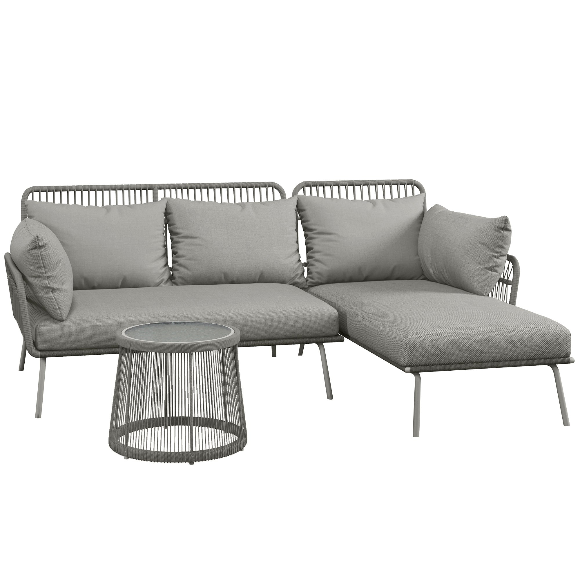 Solarias Salon de jardin d'angle 4 pers. style colonial table basse coussins grand confort inclus résine tressée gris