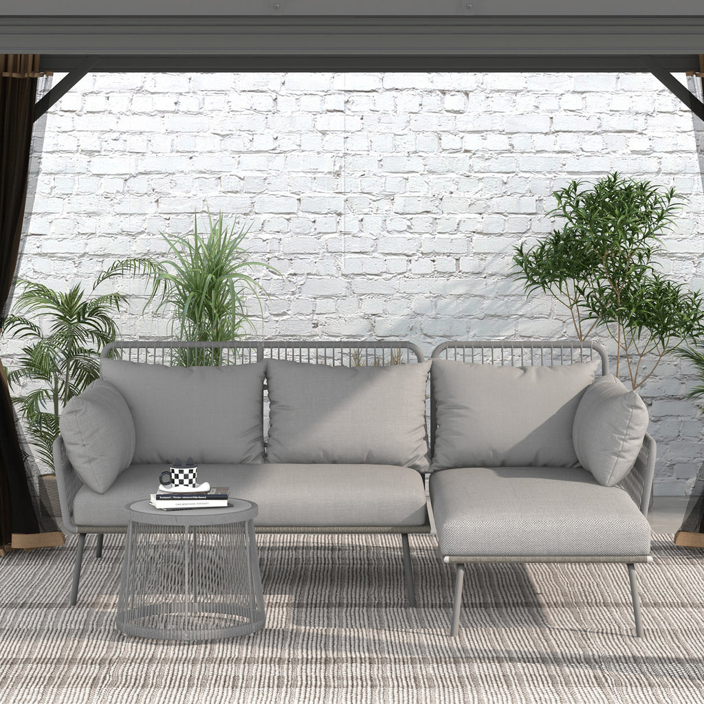 Solarias Salon de jardin d'angle 4 pers. style colonial table basse coussins grand confort inclus résine tressée gris