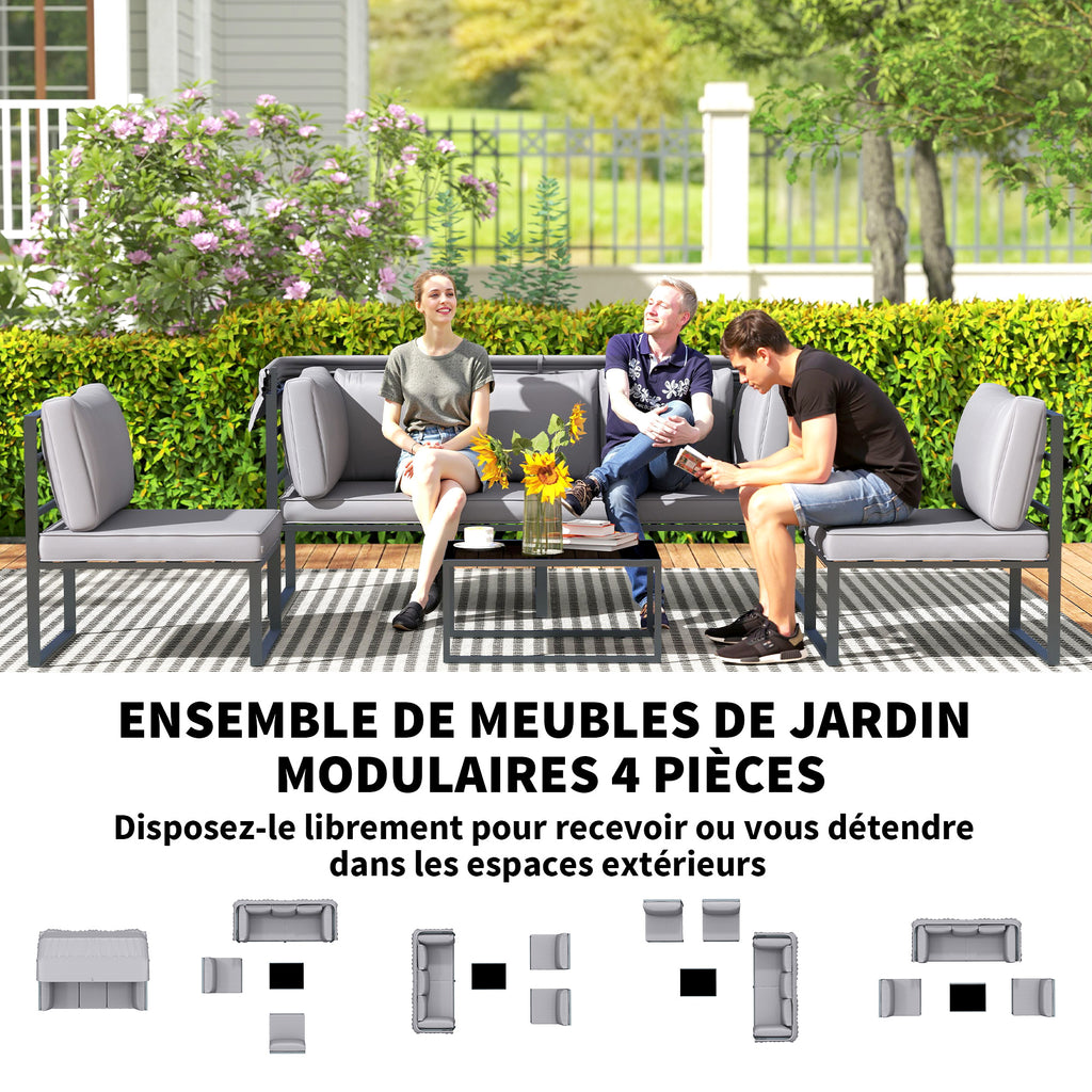 Solarias Salon de jardin extérieur 4 pièces modulaire avec canapé, fauteuil et table basse en verre trempé, coussins inclus,