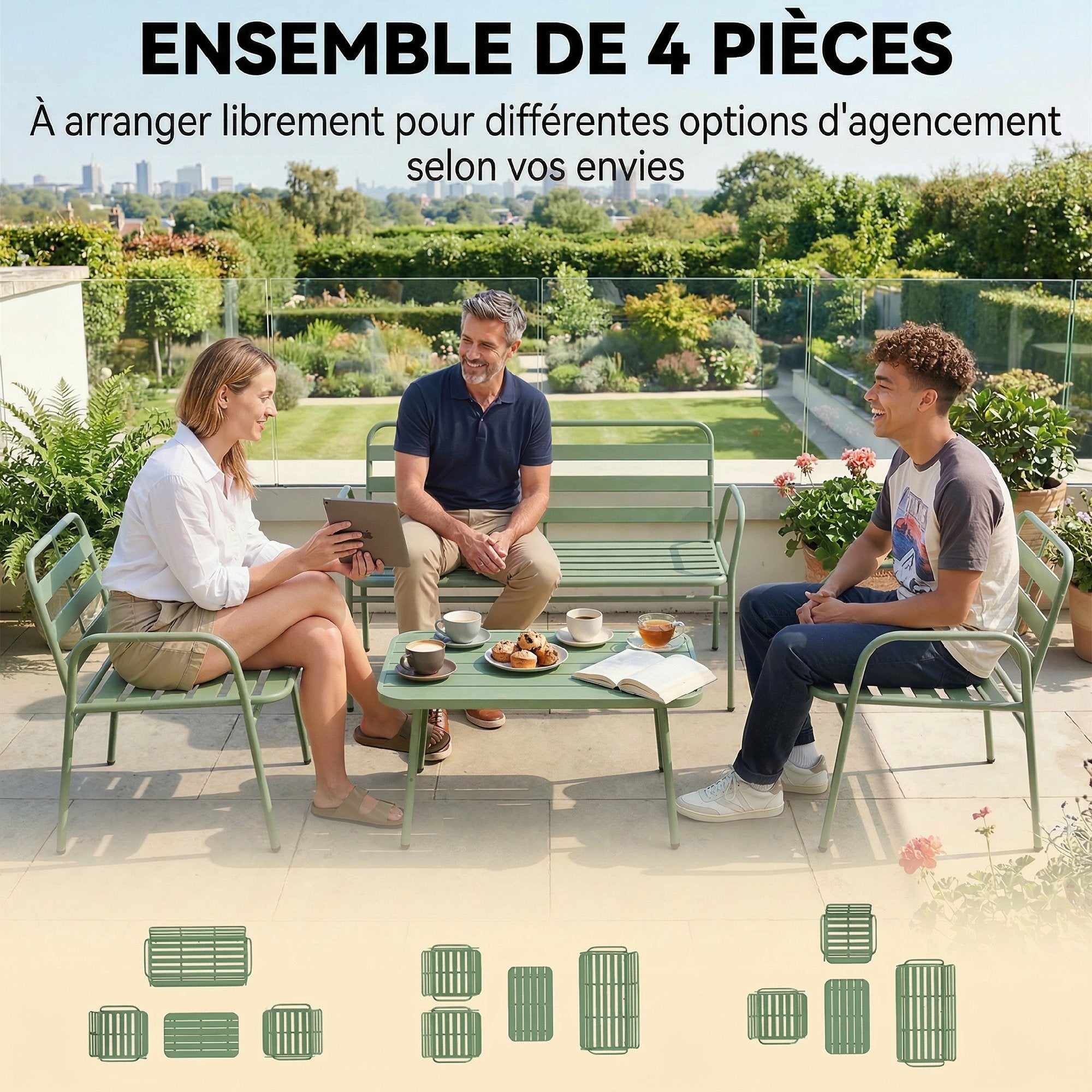 Solarias Salon de Jardin Extérieur en Acier 4 Pièces, Canapé 2 Places, 2 Fauteuils, Table Basse, à Lattes, 112x60x75cm, Vert