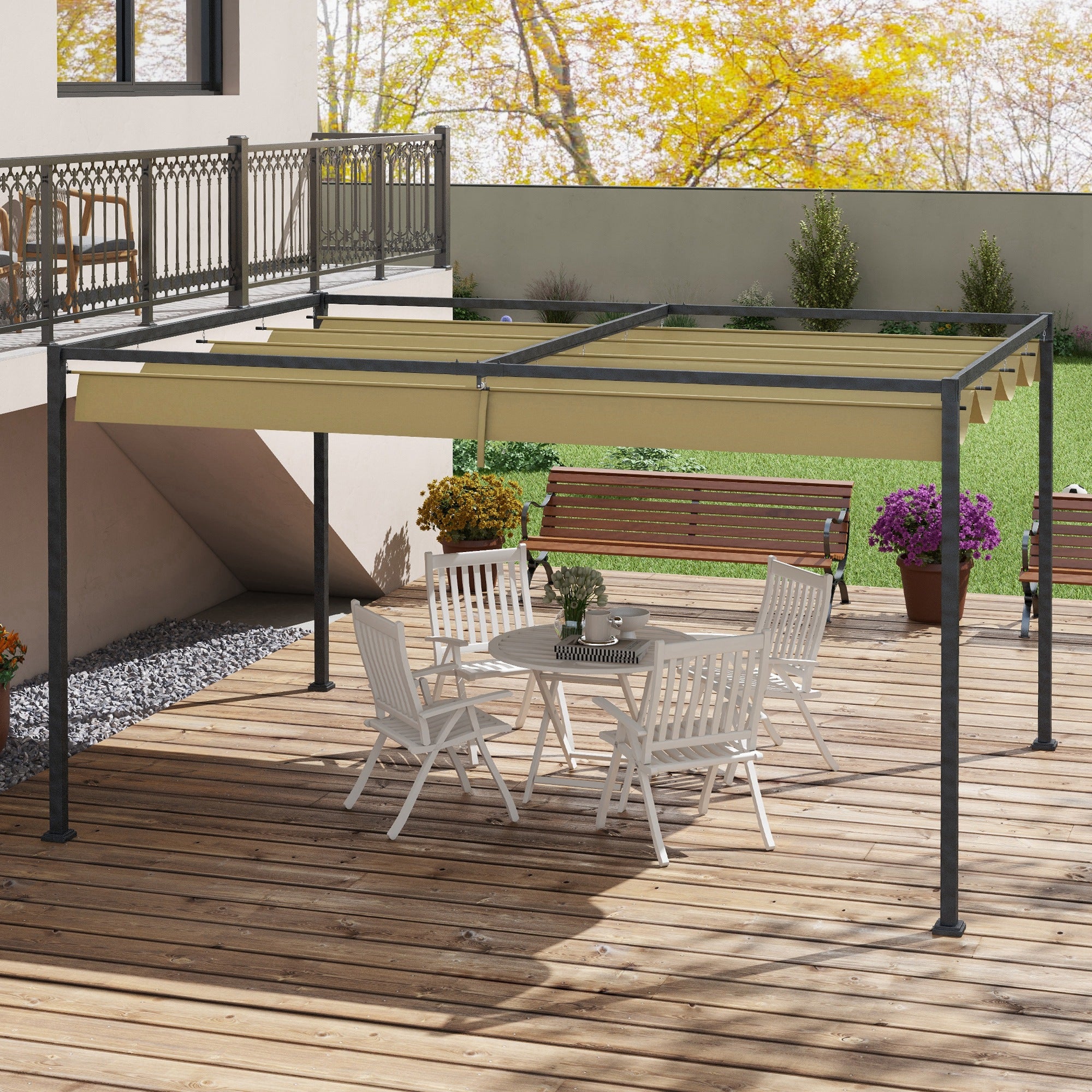Solarias Pergola coulissante Pergola rétractable 3 x 2 m structure métal époxy anticorrosion toile polyester 180 g/m² kaki