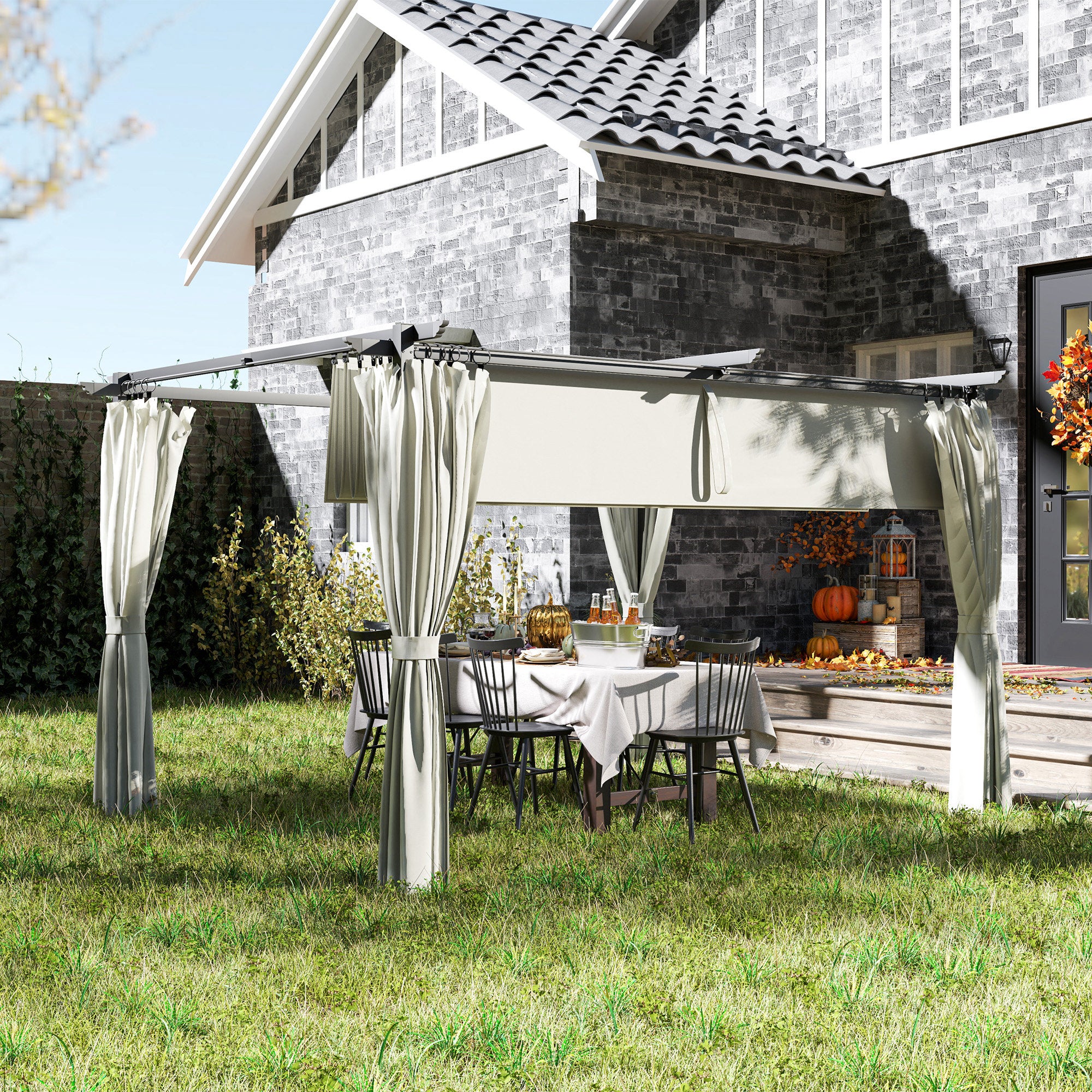 Solarias Pergola 3 x 3 m avec Auvent Rétractable et Rideaux, Abri de Soleil UPF30+ pour Jardin, Terrasse, Extérieur