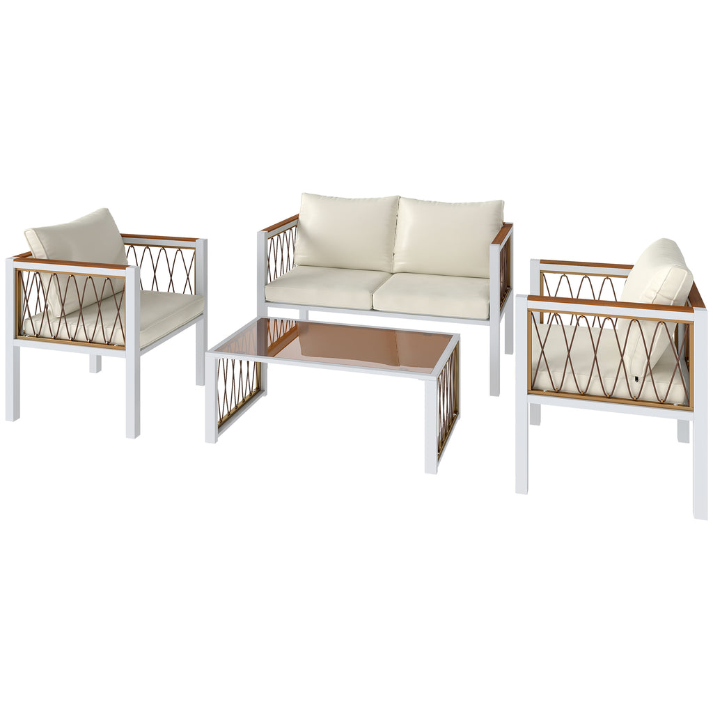 Solarias Ensemble de jardin 4 pièces en polyrattan, salon avec canapé 2 places, 2 fauteuils, table en verre, coussins amovib