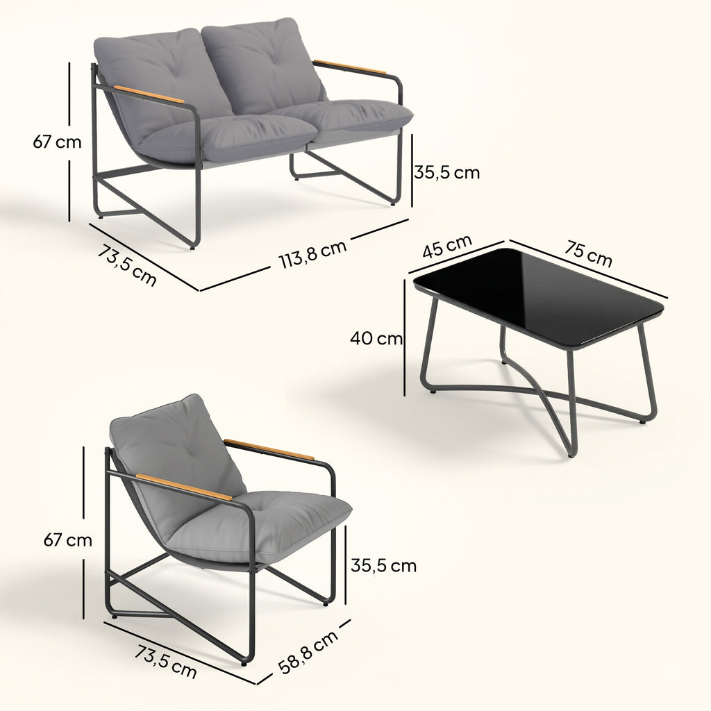 Solarias Salon de Jardin 4 Pièces Ensemble avec Canapé 2 Places, 2 Fauteuils et Table Basse Verre Trempé Coussins 13cm Gris 