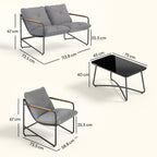 Solarias Salon de Jardin 4 Pièces Ensemble avec Canapé 2 Places, 2 Fauteuils et Table Basse Verre Trempé Coussins 13cm Gris 