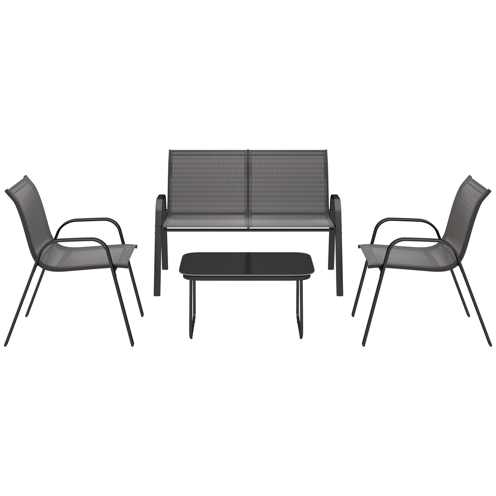 Solarias Ensemble de Jardin Outsunny avec Canapé 2 Places, 2 Fauteuils Empilables et Table Basse en Verre, Noir