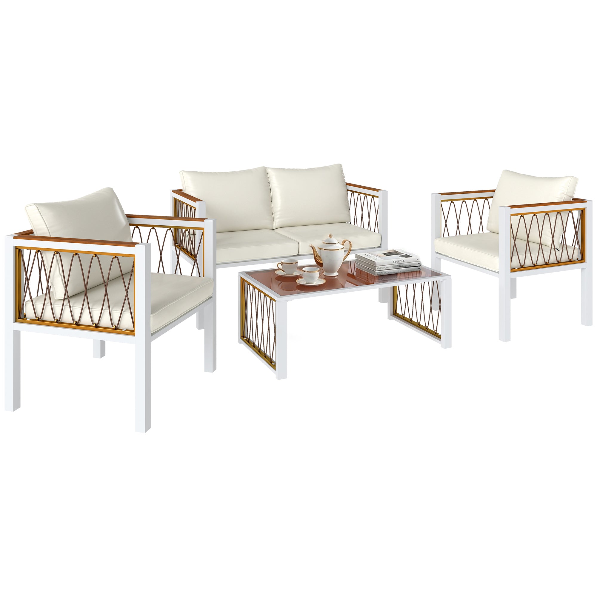 Solarias Ensemble de jardin 4 pièces en polyrattan, salon avec canapé 2 places, 2 fauteuils, table en verre, coussins amovib
